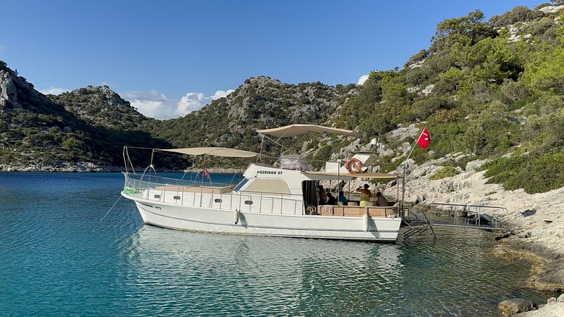 Poseidon 07 tied to the rock in Karaloz Koyu, a ladder ashore, pine hills behind