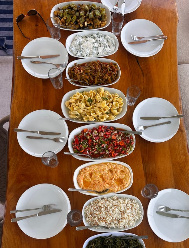 The same table from directly above: fried aubergine and peppers, a yoghurt meze, beans in olive oil, pasta salad, chopped salad, a carrot meze, rice and a green vegetable